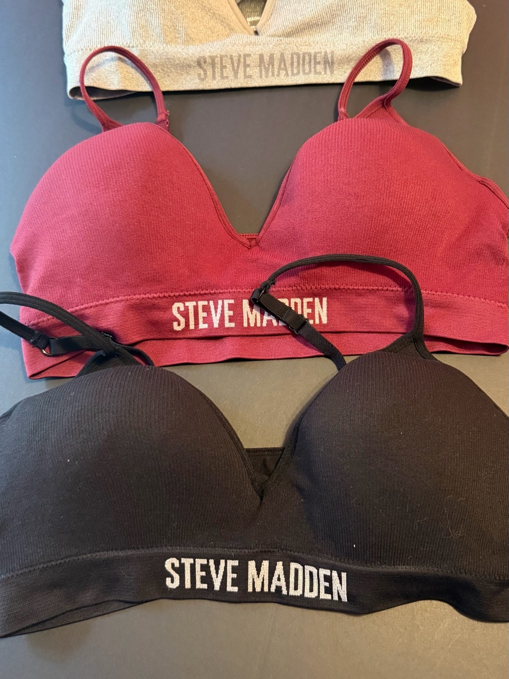 Steve Madden Maroon Grey and Black Logo Bralettes Pack